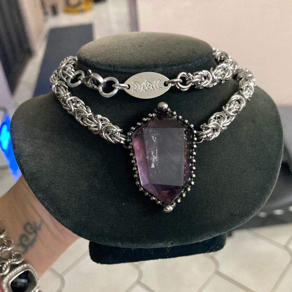 Handmade maille gemstone amethyst crystal chain necklace - Picture 9 of 16